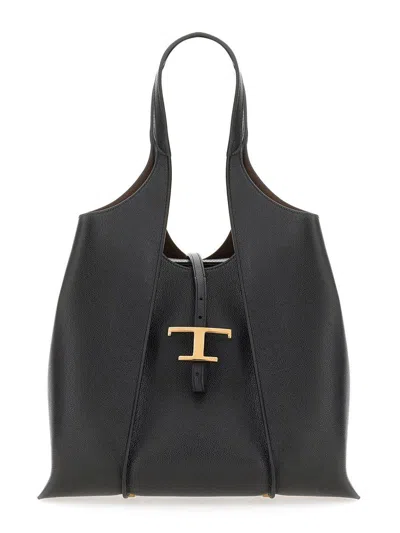 Tod's Black Tote Bag With T Timeless Charm In Leather Woman