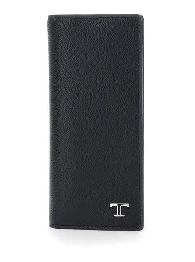Tod's Black Vertical Wallet With Logo Plaque On The Front In Grained Leather Man