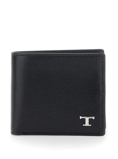 Tod's Black Wallet With Timeless T Logo On The Front In Hammered Leather Man In Brown