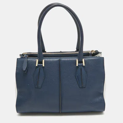 Pre-owned Tod's Blue Leather D-cube Double Zip Tote In Navy Blue