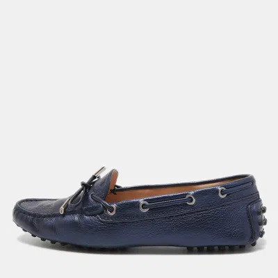 Pre-owned Tod's Blue Leather Gommino Bow Slip On Loafers Size 36.5