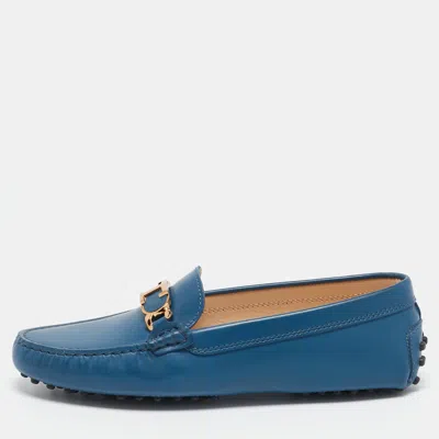 Pre-owned Tod's Blue Leather Gommino Slip On Loafers Size 36