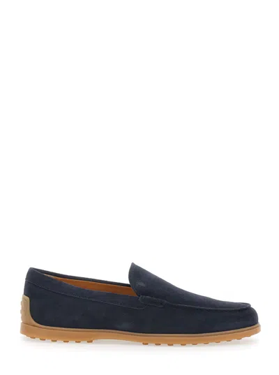 Tod's Blue Loafers With Rubber Sole And Rubber Detail On The Back In Suede Man