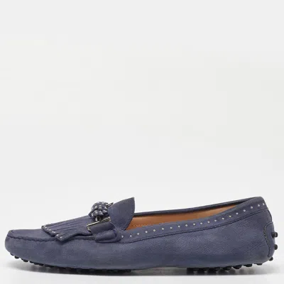 Pre-owned Tod's Blue Nubuck Leather Fringe Slip On Loafers Size 41