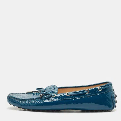 Pre-owned Tod's Blue Patent Leather Bow Slip On Loafers Size 38