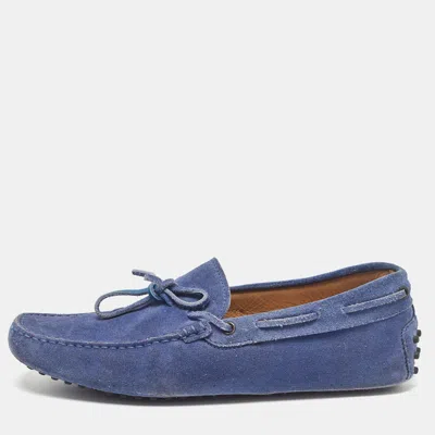 Pre-owned Tod's Blue Suede Bow Loafers Size 43