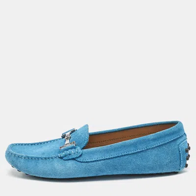 Pre-owned Tod's Blue Suede Double T Logo Slip On Loafers Size 36