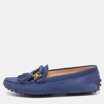 Pre-owned Tod's Blue Suede Fringe Slip On Loafers Size 35