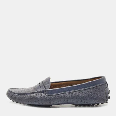 Pre-owned Tod's Blue Textured Leather Penny Slip On Loafers Size 40.5