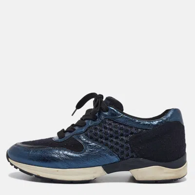 Pre-owned Tod's Blue/black Leather And Mesh Lace Up Sneakers Size 38.5
