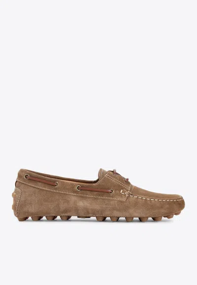 Tod's Boat Gommino Bubble Suede Loafers In Brown