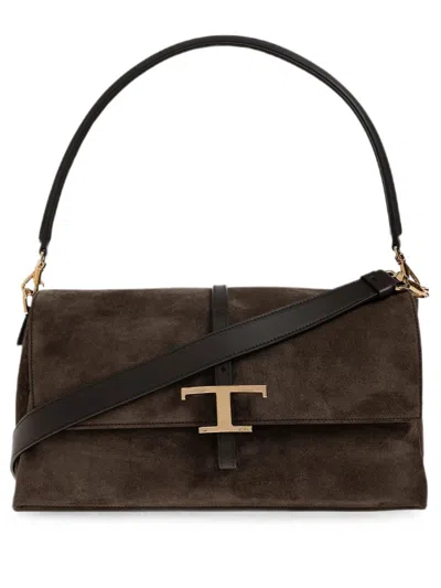 Tod's Borsa Flap T Timeless In Pelle Scamosciata Piccola In Marrone