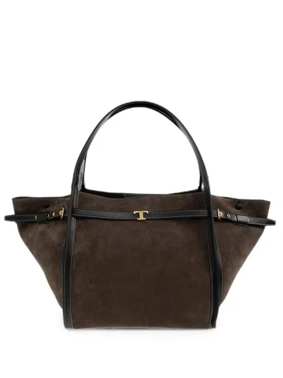 Tod's Borsa Shopping T Signature In Pelle Scamosciata Media In Brown