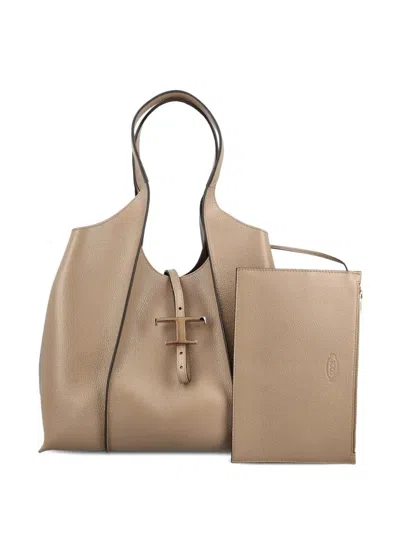 Tod's T Timeless Medium Leather Shopping Bag In Neutral