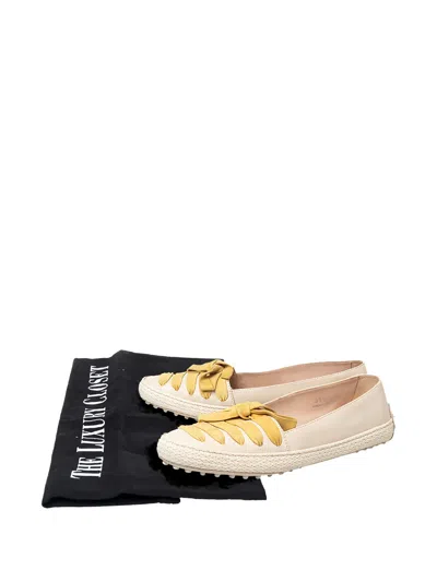 Pre-owned Tod's Bow Leather Espadrille Ballet Flats In Neutral