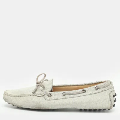 Pre-owned Tod's Bow Size 38.5 Grey Lizard Embossed Leather Loafers In Gray