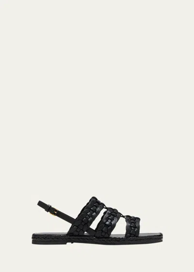 Tod's Braided Leather Slingback Espadrille Sandals In Nero
