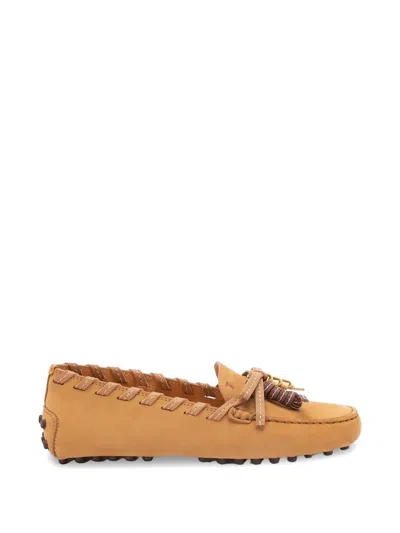 Tod's Moccasin Loafers Tassels Bow Rubber Sole In Brown
