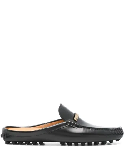 Tod's Branded Metal Bar Leather Gommino Mules In Black