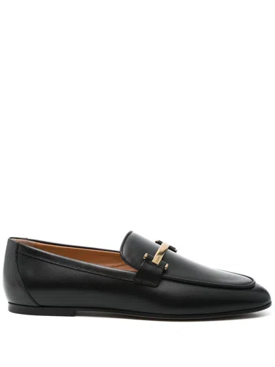 Tod's Branded Metal Bar Leather Loafers In Black