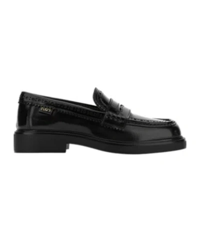 TOD'S TOD'S BROGUE-TRIM ALMOND TOE LOAFERS