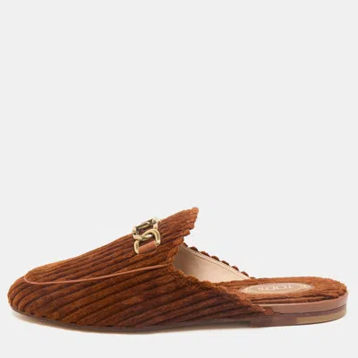 Pre-owned Tod's Brown Corduroy Fabric Chain Detail Flat Mules Size 37.5