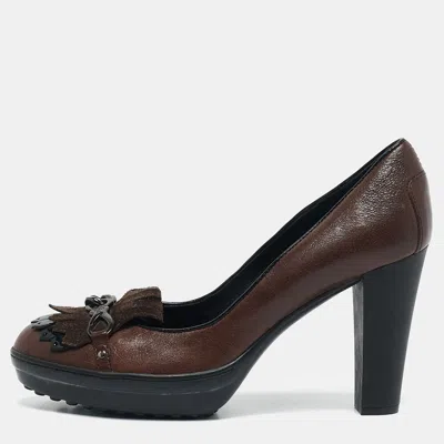 Pre-owned Tod's Brown Leather And Suede Fringe Platform Pumps Size 38.5