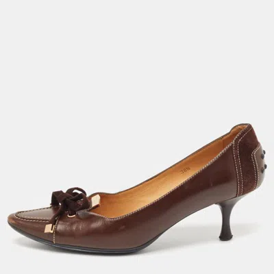Pre-owned Tod's Brown Leather Bow Loafer Pumps Size 38.5