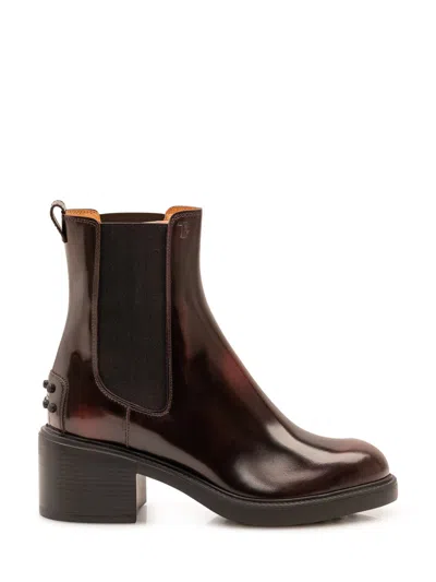 Tod's Brown Leather Chelsea Boots In Burgundy