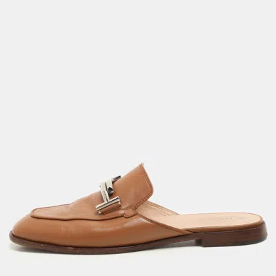 Pre-owned Tod's Brown Leather Double T Flat Mules Size 38.5