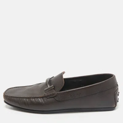 Pre-owned Tod's Brown Leather Double T Slip On Loafers Size 44.5