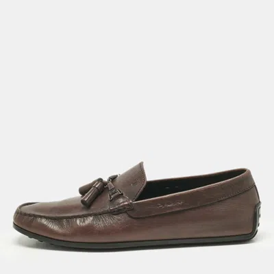Pre-owned Tod's Brown Leather Double T Slip On Loafers Size 44.5