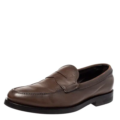 Pre-owned Tod's Brown Leather Penny Slip On Loafers Size 39.5
