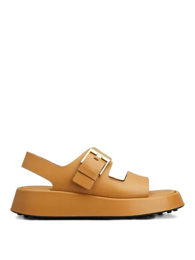 Tod's Brown Leather Sandals With Gold Buckle In Nude