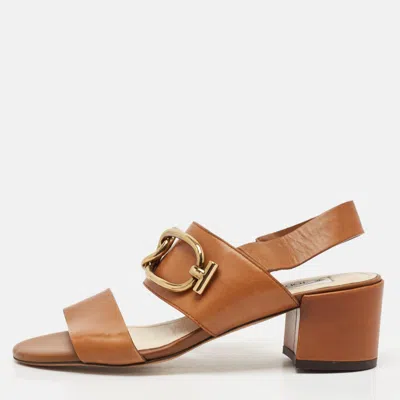 Pre-owned Tod's Brown Leather Slingback Block Heel Sandals Size 37