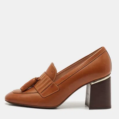 Pre-owned Tod's Brown Leather Tassel Block Heel Loafer Pumps Size 38.5