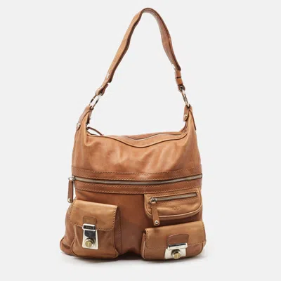 Pre-owned Tod's Brown Leather Took Tracolla Media Hobo In Beige