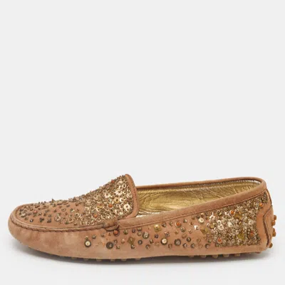 Pre-owned Tod's Brown Suede Crystal Embellished Driver Loafers Size 37.5