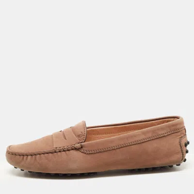 Pre-owned Tod's Brown Suede Gommino Penny Slip On Loafers Size 36.5