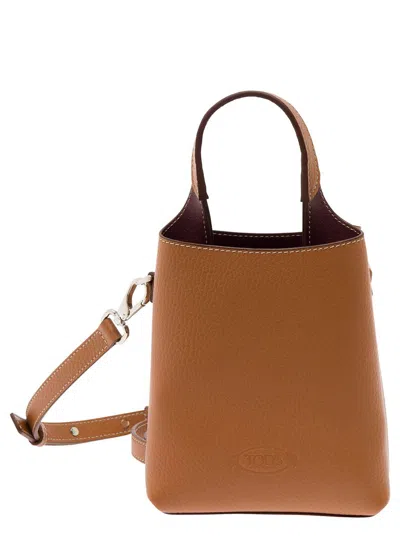 Tod's Brown Tote Bag With T Timeless Pendant In Hammered Leather Woman