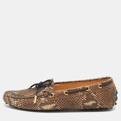 Pre-owned Tod's Brown/beige Python Leather Gommino Bow Slip On Loafers Size 39