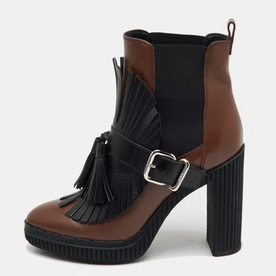 Pre-owned Tod's Brown/black Leather Tassel Ankle Length Boots Size 37