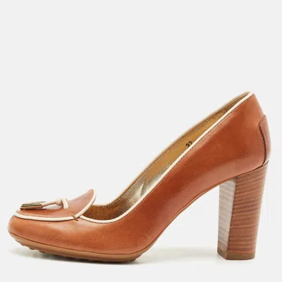 Pre-owned Tod's Brown/cream Leather Loafer Pumps Size 37