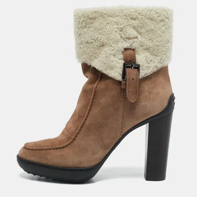 Pre-owned Tod's Brown/cream Shearling And Suede Ankle Length Boots Size 39