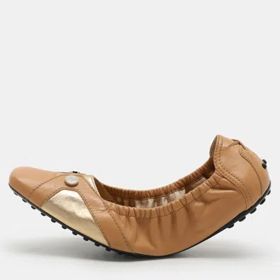 Pre-owned Tod's Brown/gold Leather Embellished Scrunch Ballet Flats Size 40