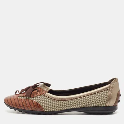 Pre-owned Tod's Brown/metallic Leather And Mesh Ballet Flats Size 38.5