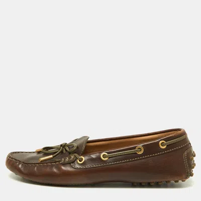 Pre-owned Tod's Brown/olive Leather Bow Slip On Loafers Size 37.5