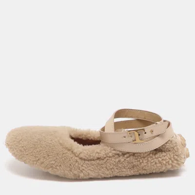 Pre-owned Tod's Bubble Size 38 Beige Shearling Fur Ballet Flats In Sand