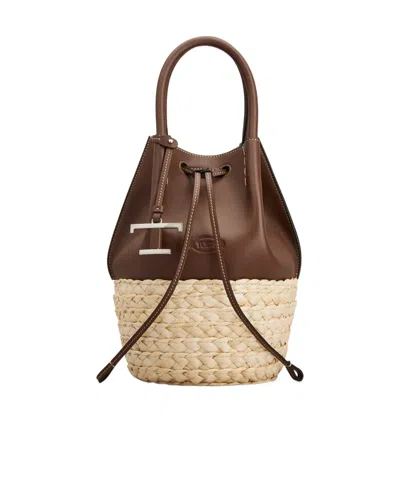 Tod's Bucket Bag In Straw And Leather Mini In Brown