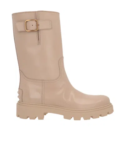 Tod's Buckle-detail Leather Boots In Nude